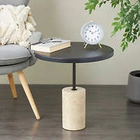 20.5" Black Wood Accent Table with Ivory Marble Base