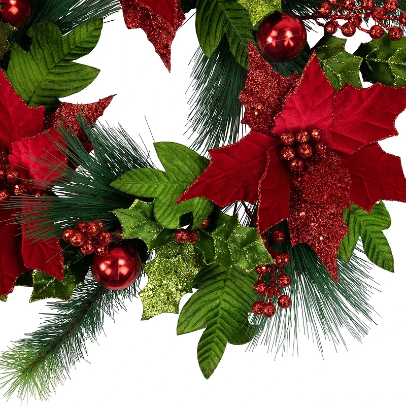 24" Red Glittered Poinsettia & Long Pine Christmas Wreath