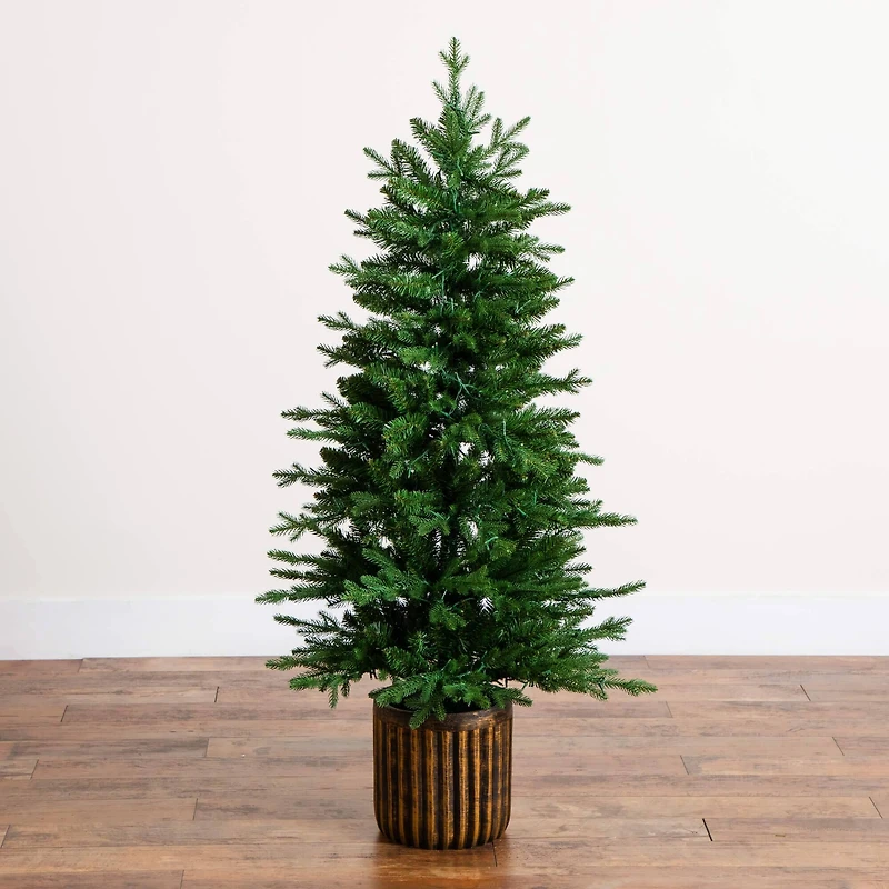 4.5ft. Pre-Lit Pine Artificial Christmas Tree in Decorative Planter with Clear LED Lights