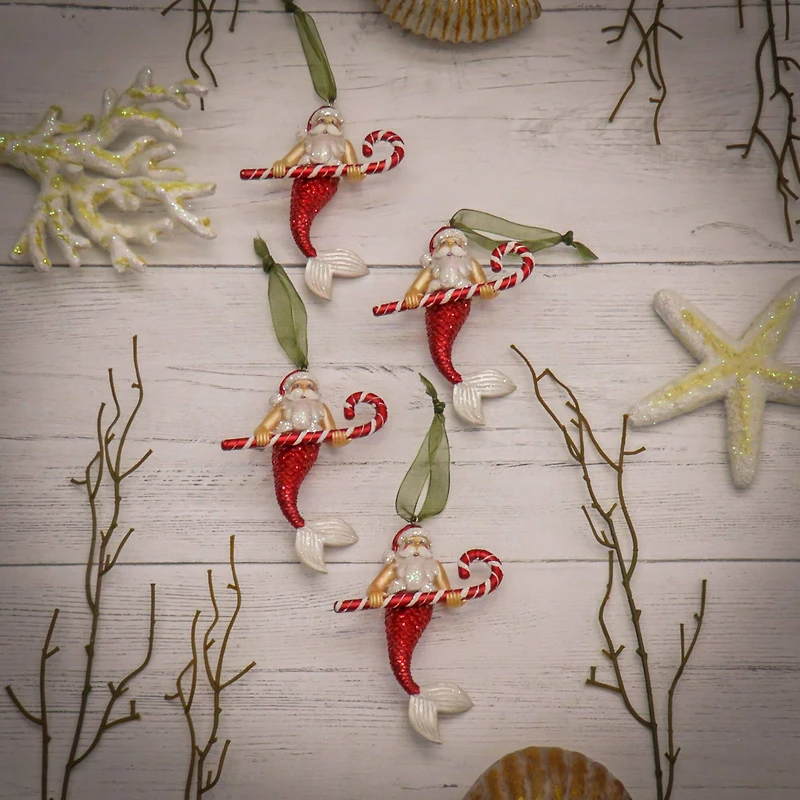 4 Pack 5" Santa Merman Glass Ornaments