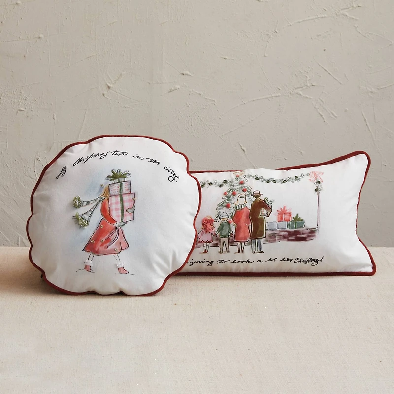 Hello Honey® 16" Round Printed Cotton Pillow with Holiday Girl, Piping & Velvet Back