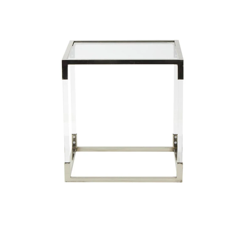 20.25" Silver Metal Floral Cube Shaped Accent Table with Clear Glass Top