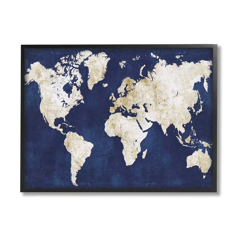 Stupell Industries Navy and Distressed Gold World Map Framed Wall Art