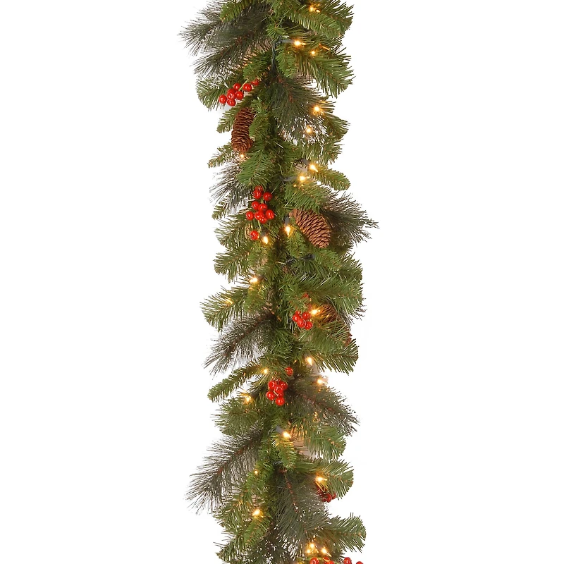 9ft. Pre-Lit Crestwood® Spruce Garland with Silver Bristle, Cones, Red Berries and Glitter with 50 Clear Lights