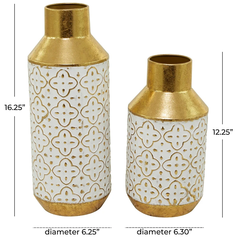 Gold Metal Handmade Embossed Quatrefoil Vase with Gold Detailing Set of 2 16", 12"