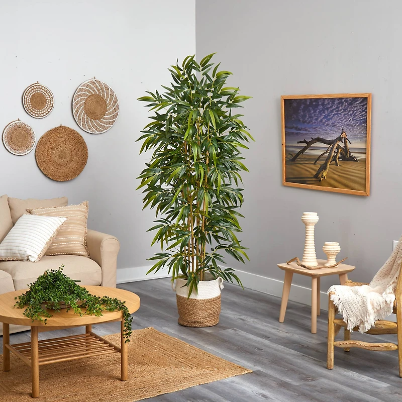 6ft. Artificial Bamboo Tree with Handmade Jute & Cotton Basket