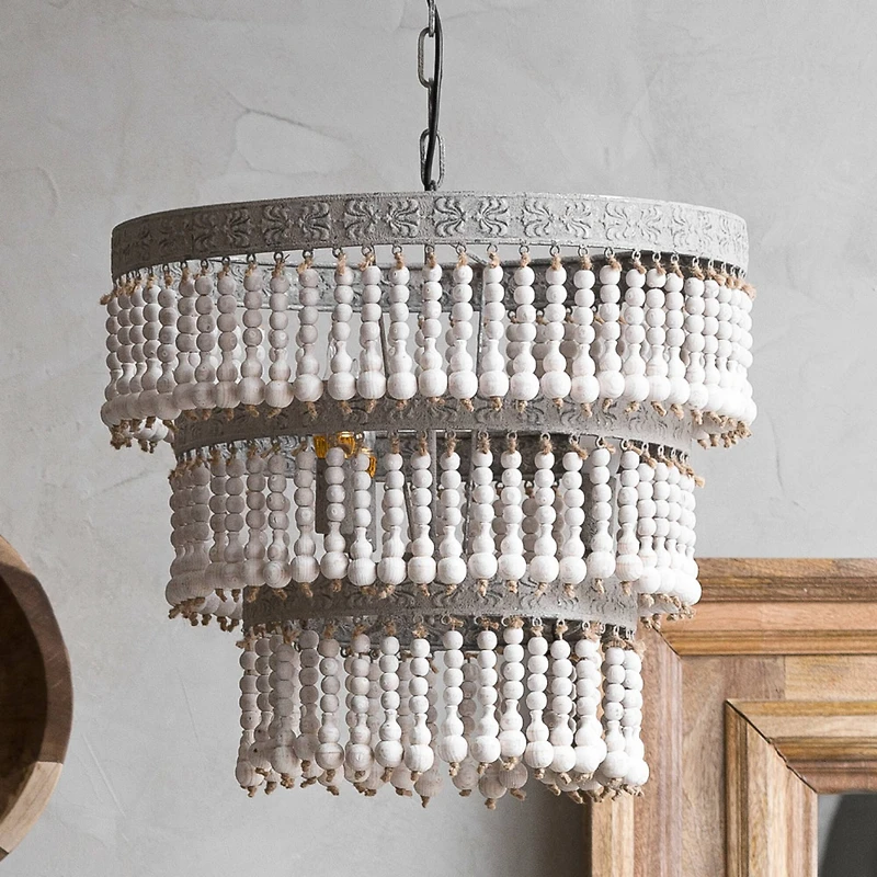 Hello Honey® 20.5" Antique White 3-Tier Wood Bead Chandelier
