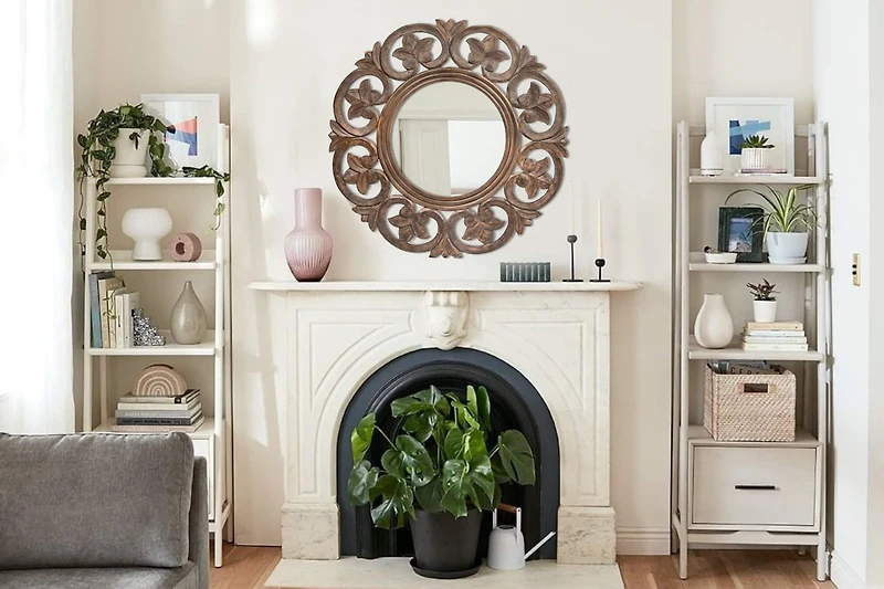 Hello Honey® Walnut Round Carved Botanical Framed Wall Mirror