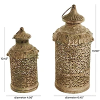 Brown Ornate Scroll Metal Candle Lantern Set
