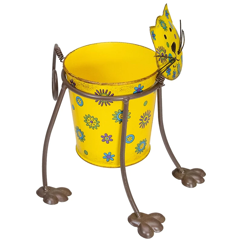 9" Yellow Floral Metal Cat Garden Planter
