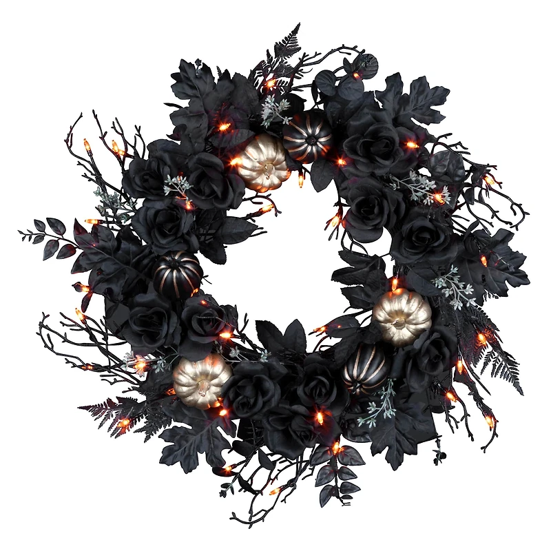 24" Chic Eek Black Flower & Pumpkin Halloween Pre-Lit LED Wreath