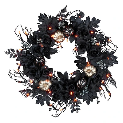 24" Chic Eek Black Flower & Pumpkin Halloween Pre-Lit LED Wreath