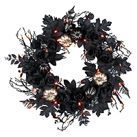24" Chic Eek Black Flower & Pumpkin Halloween Pre-Lit LED Wreath