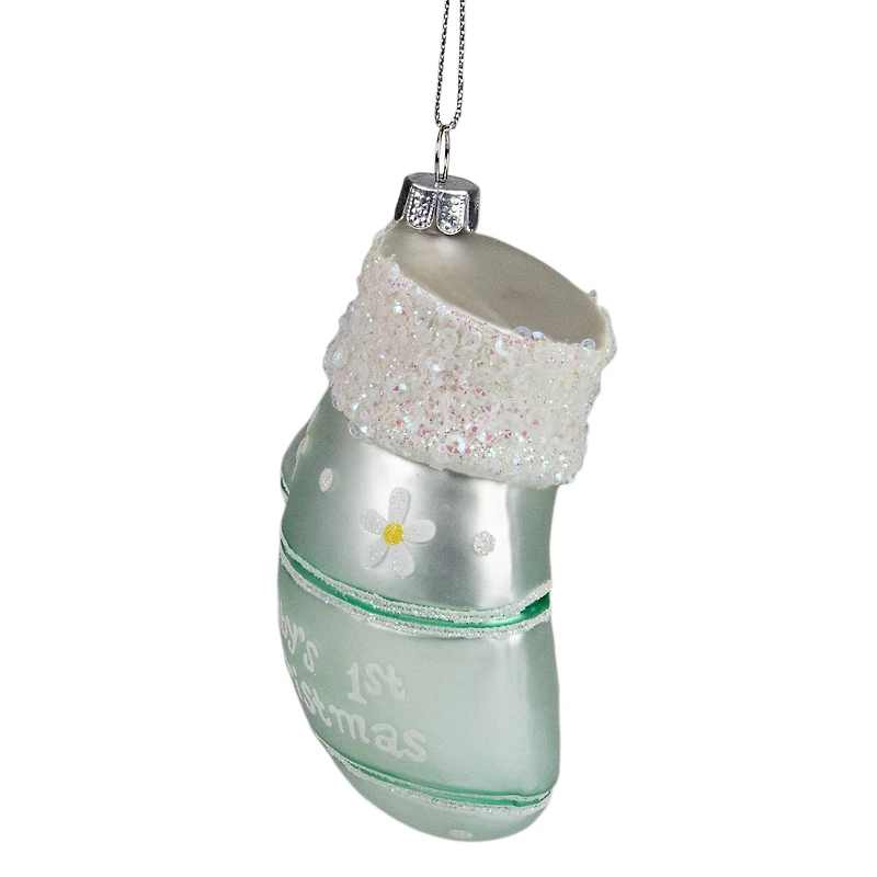 Mint Green Baby's 1st Christmas Mitten Glass Ornament