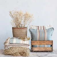 Hello Honey® 20" Blue & Brown Striped Woven Linen Fringed Pillow