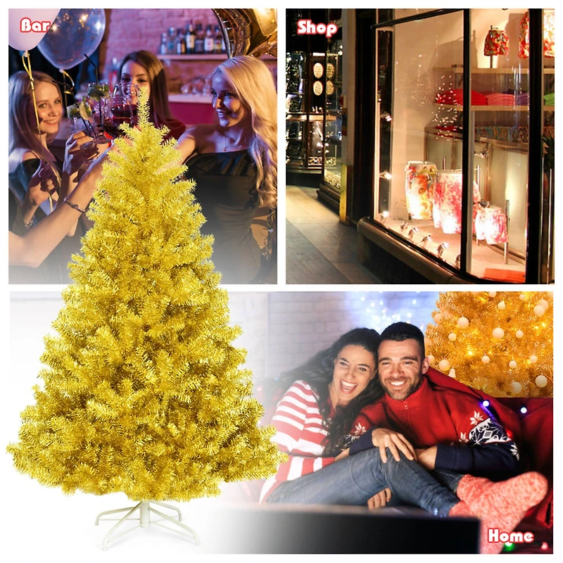 Costway 6ft. Unlit Champagne Gold Artificial Tinsel Christmas Tree with Foldable Stand