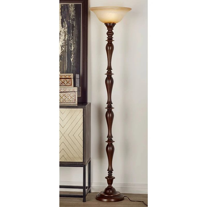 Brown Tempered Glass and Polystone Traditional Torchiere Floor Lamp, 72" x 16" x 16"