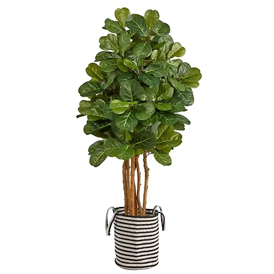 5ft. Fiddle Leaf Fig Artificial Tree in Handmade Black and White Natural Jute and Cotton Planter