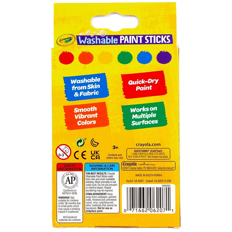 Crayola® Washable Paint Sticks, 3 Packs of 6