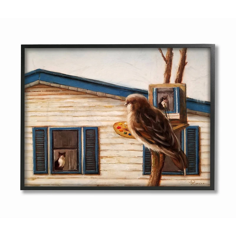 Stupell Industries Bird Paints Indoor Cat Painting Black Framed Wall Art