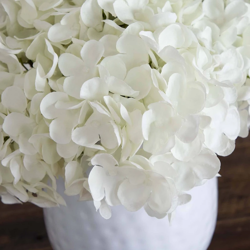 11" White Hydrangea Arrangement in White Metal Vase