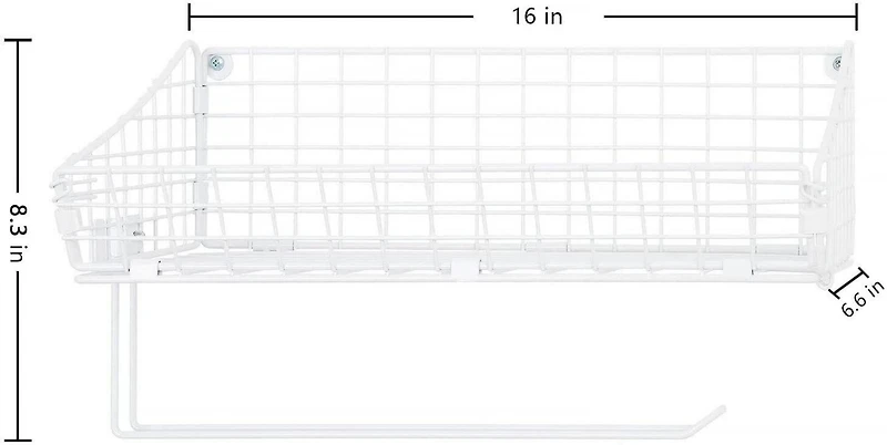 NEX™ 16" White Wall Mounted Wire Basket Shelf & Paper Roll Holder