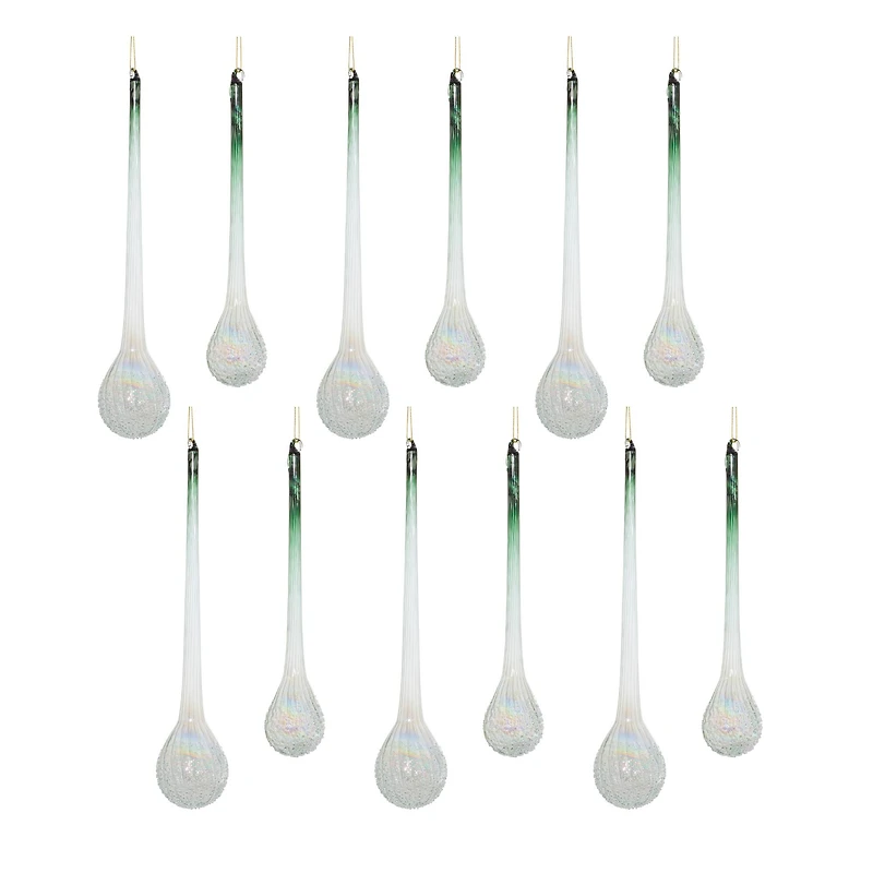 Green Iridescent Ribbed Glass Icicle Drop Ornaments Set