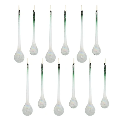 Green Iridescent Ribbed Glass Icicle Drop Ornaments Set