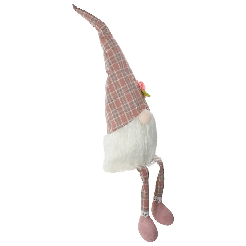 29" Pink & White Plaid Spring Gnome with Dangling Legs Figure