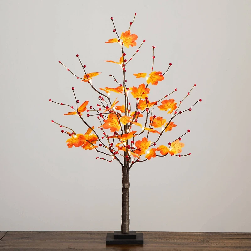 3ft. Pre-Lit Autumn Maple Artificial Fall Tree with Berries and 36 Warm White LED Lights