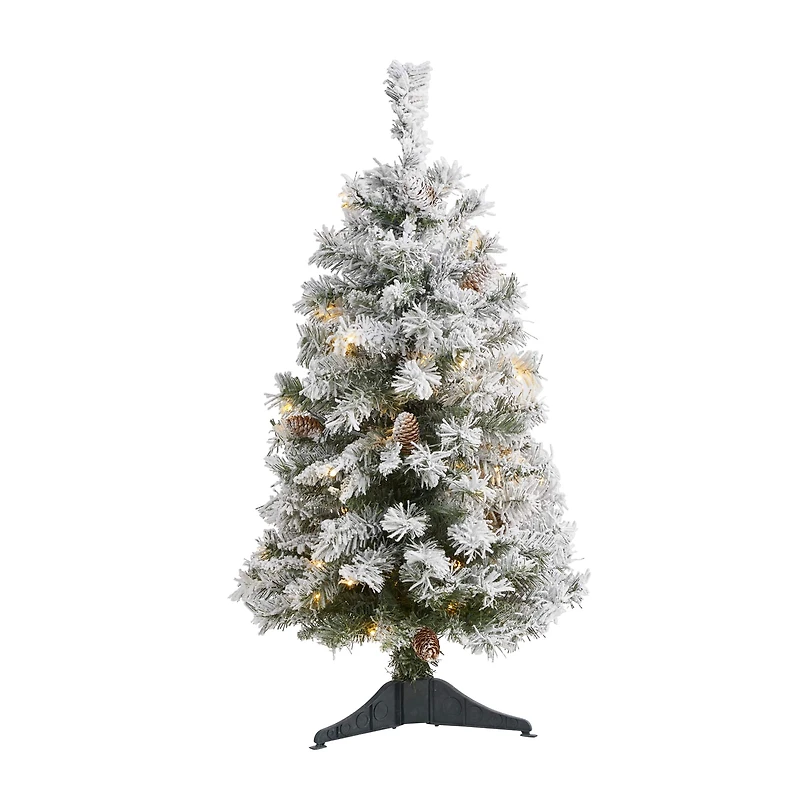 3ft. Pre-Lit Flocked White River Mountain Pine & Pinecones Artificial Christmas Tree with Clear LED Lights