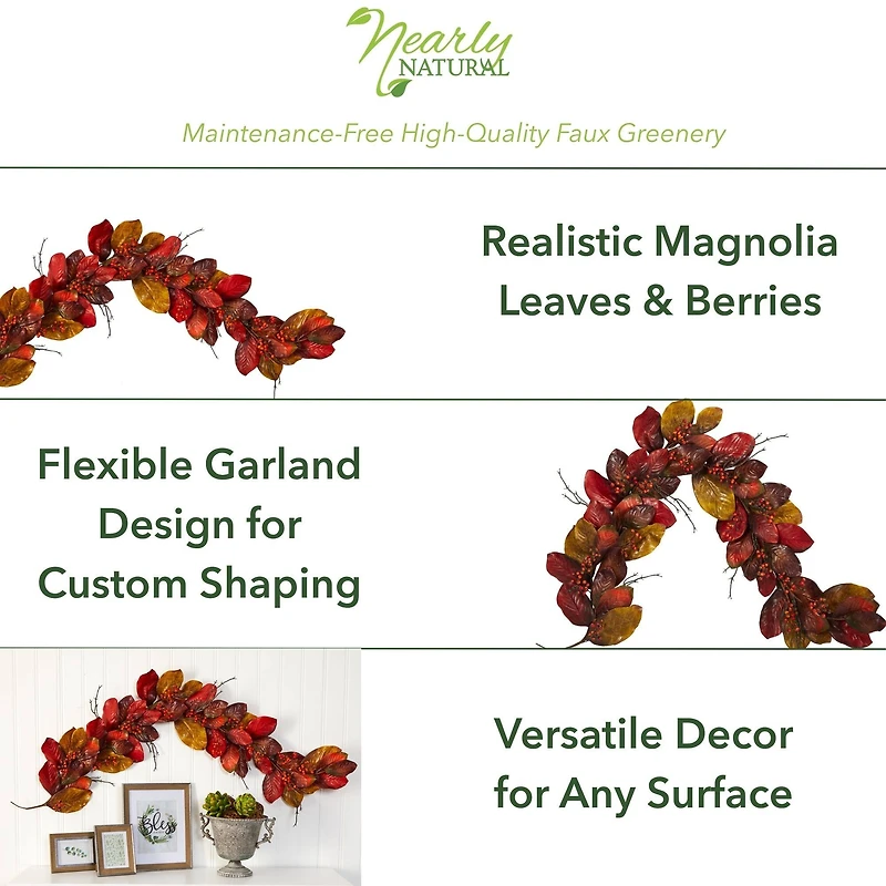6ft. Autumn Magnolia Leaf with Berries Garland