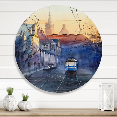 Designart - Blue Tram At Sunset With Church During Sunset