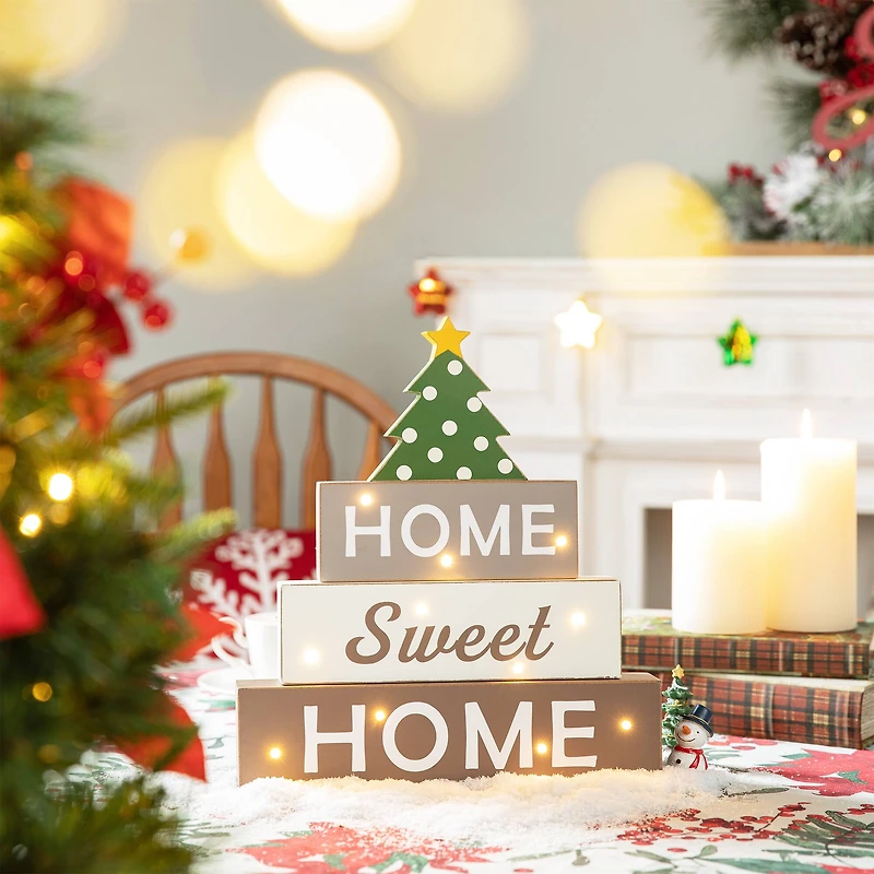 Glitzhome® 13" Lighted Wooden Block Word Sign with Changeable Top