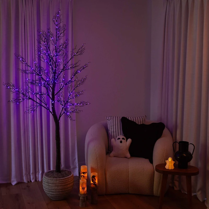 7ft. Pre-Lit Halloween Minimalist Twig Artificial Fall Tree with 400 Orange & Purple LED Lights
