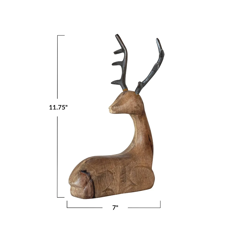 Hello Honey® 11.75"  Natural & Black Mango Wood Lying Reindeer with Aluminum Antlers