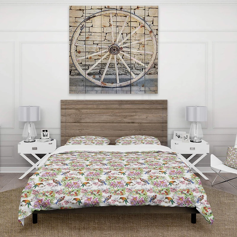 Designart 'Pattern with Flowers and Birds' Cabin & Lodge Bedding Set
