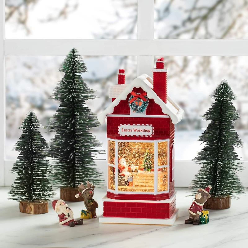 Glitzhome® 10.5" Lighted Santa's Workshop Waterglobe