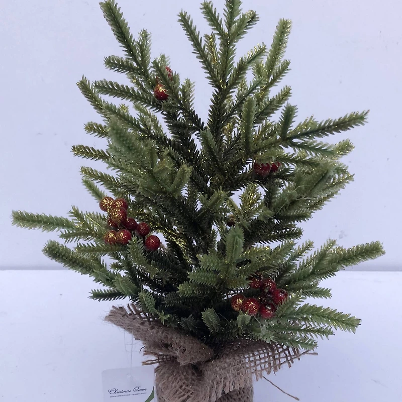 12" Unlit Pine with Berries Artificial Christmas Tree in Burlap Base