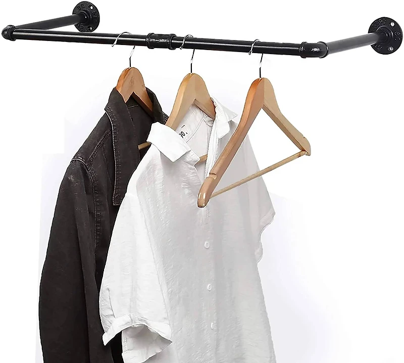 32" Black Metal Wall Mounted Industrial Pipe Clothes Rack