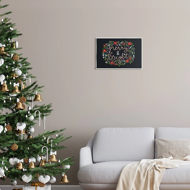 Stupell Industries Merry & Bright Poinsettia Wreath Wall Plaque Art