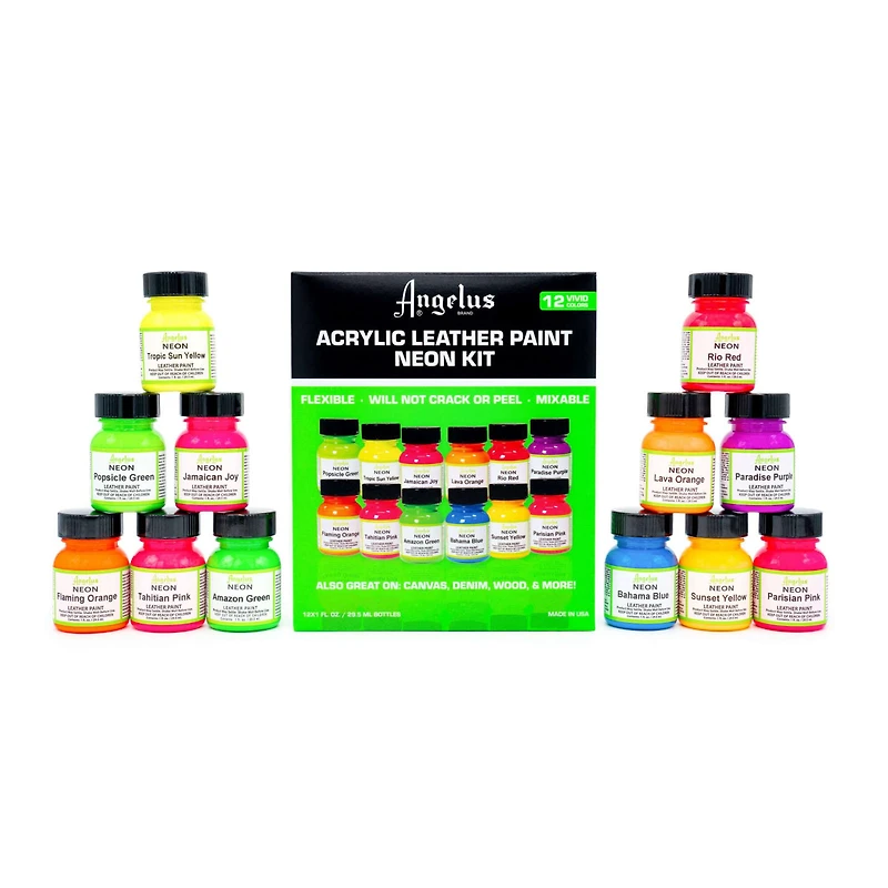12 Packs: 12 ct. (144 total) Angelus® Neon Acrylic Leather Paint Kit