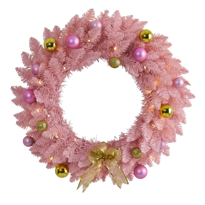 24" LED Pink Artificial Christmas Wreath with Ornaments