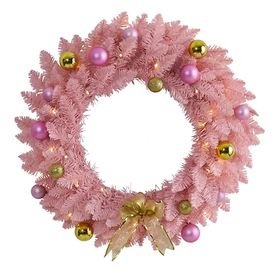24" LED Pink Artificial Christmas Wreath with Ornaments