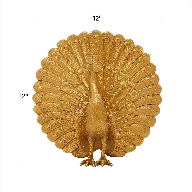 Gold Polystone Glam Peacock Sculpture, 12" x 12" x 5"