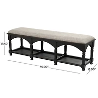 59" Black & Beige Fabric Arched Storage Bench with Traditional Turned Legs