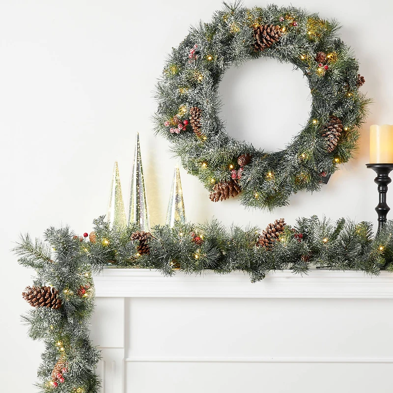 5-Piece Pre-Lit Glittered Pinecone Christmas Wreath, Garland & Flocked Christmas Tree, Warm White Lights