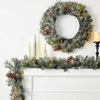 5-Piece Pre-Lit Glittered Pinecone Christmas Wreath, Garland & Flocked Christmas Tree, Warm White Lights