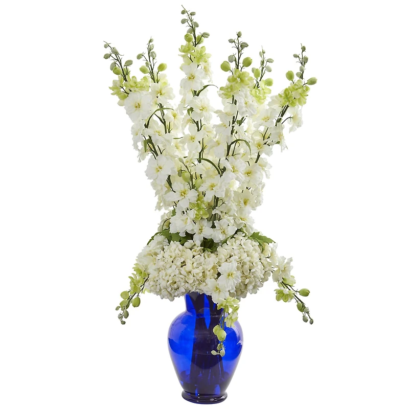 33" Delphinium & Hydrangea Arrangement in Blue Vase