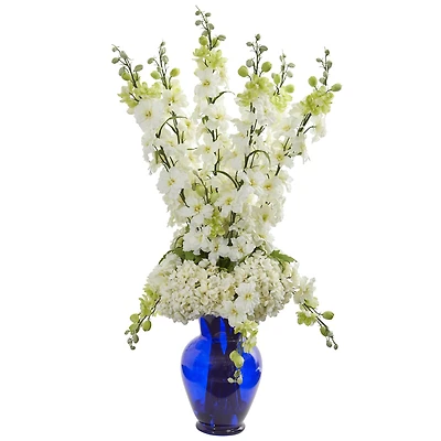 33" Delphinium & Hydrangea Arrangement in Blue Vase